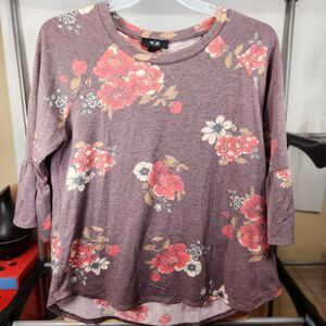 AGB 1/4 Sleeve Brown Pull Over Flower Blouse Brown Lg.